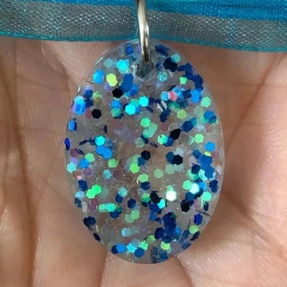 Blue Glitter Oval Resin Taffeta Ribbon Necklace Spring Handmade New - Picture 1 of 4